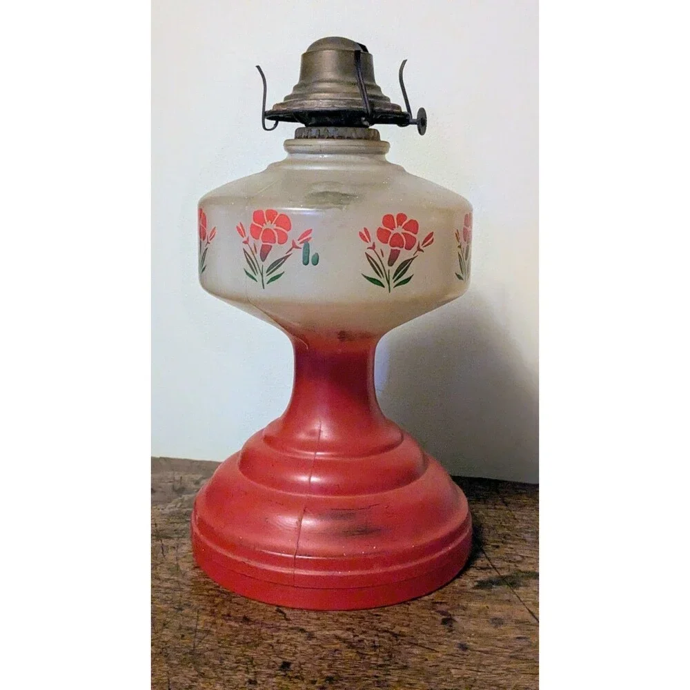 Vintage Red Frosted Glass Kerosene Oil Lamp Cold Painted Floral with Chimney 18